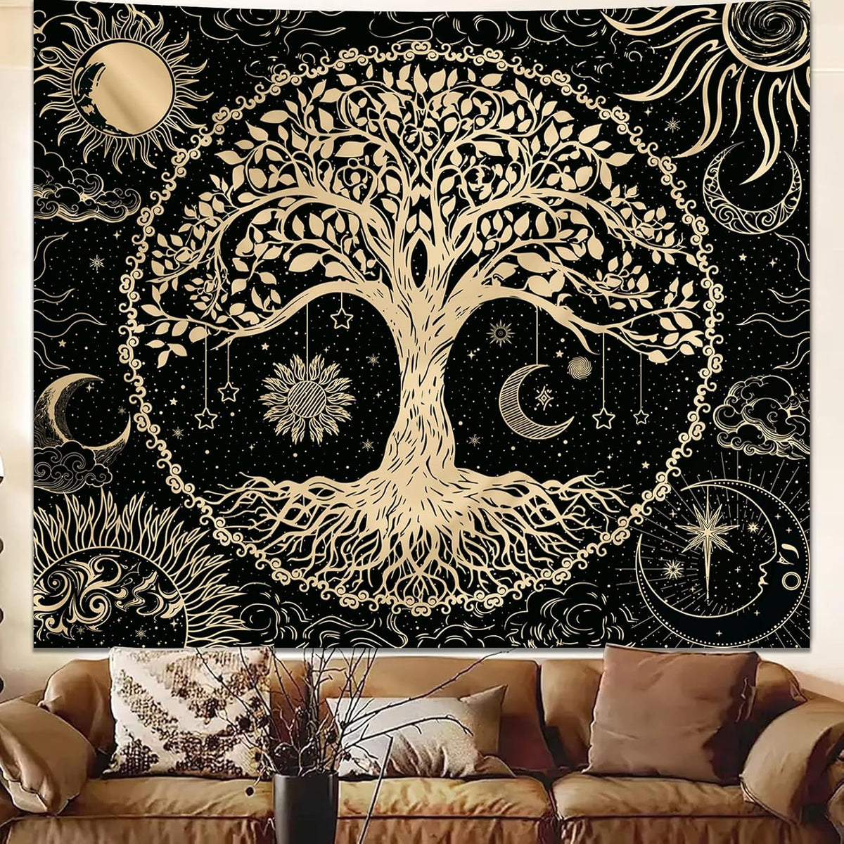 Avinyl Tree of Life Tapestry Wall Hanging, Large Black Sun Moon Tapestries