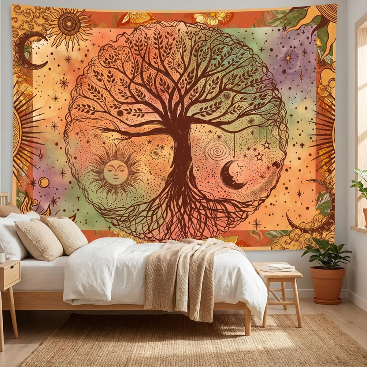 Lifeel Vintage Sun and Moon Tapestry, Boho Retro Green Plant Aesthetics Tapestries for Living Room Dorm, 36x48 inches