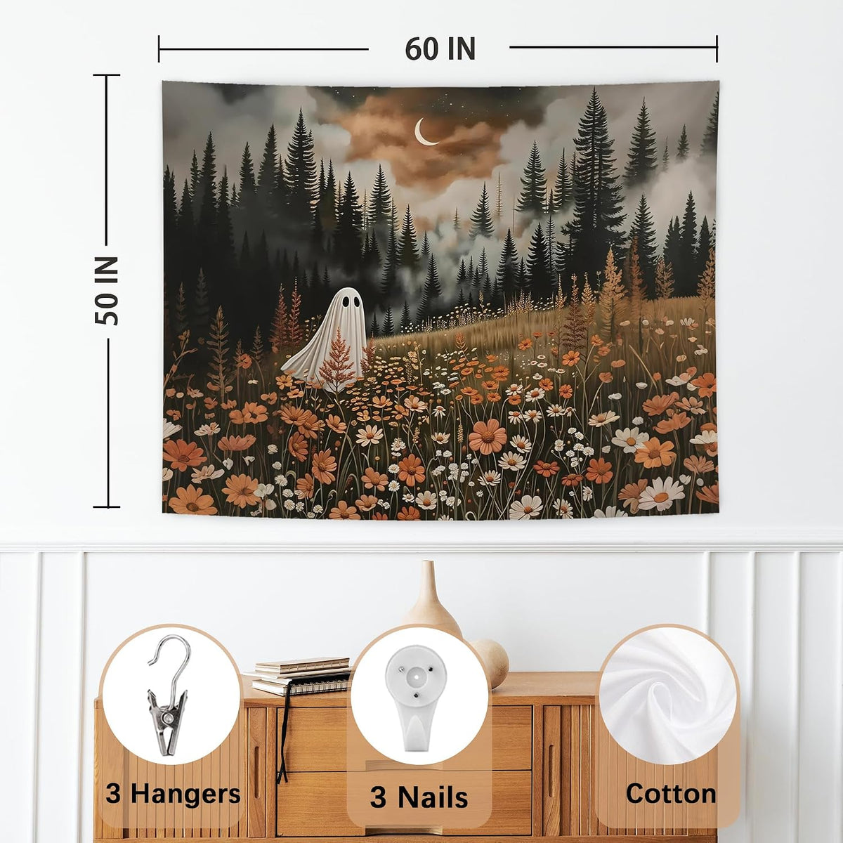 NATSUNO Halloween Tapestry, Halloween Spooky Ghost Wall Tapestry for Bedroom, Whimsical Enchanted Forest Flower Ghost Tapestries Wall Hanging for Home Living Room Decor, 50x60 Inches
