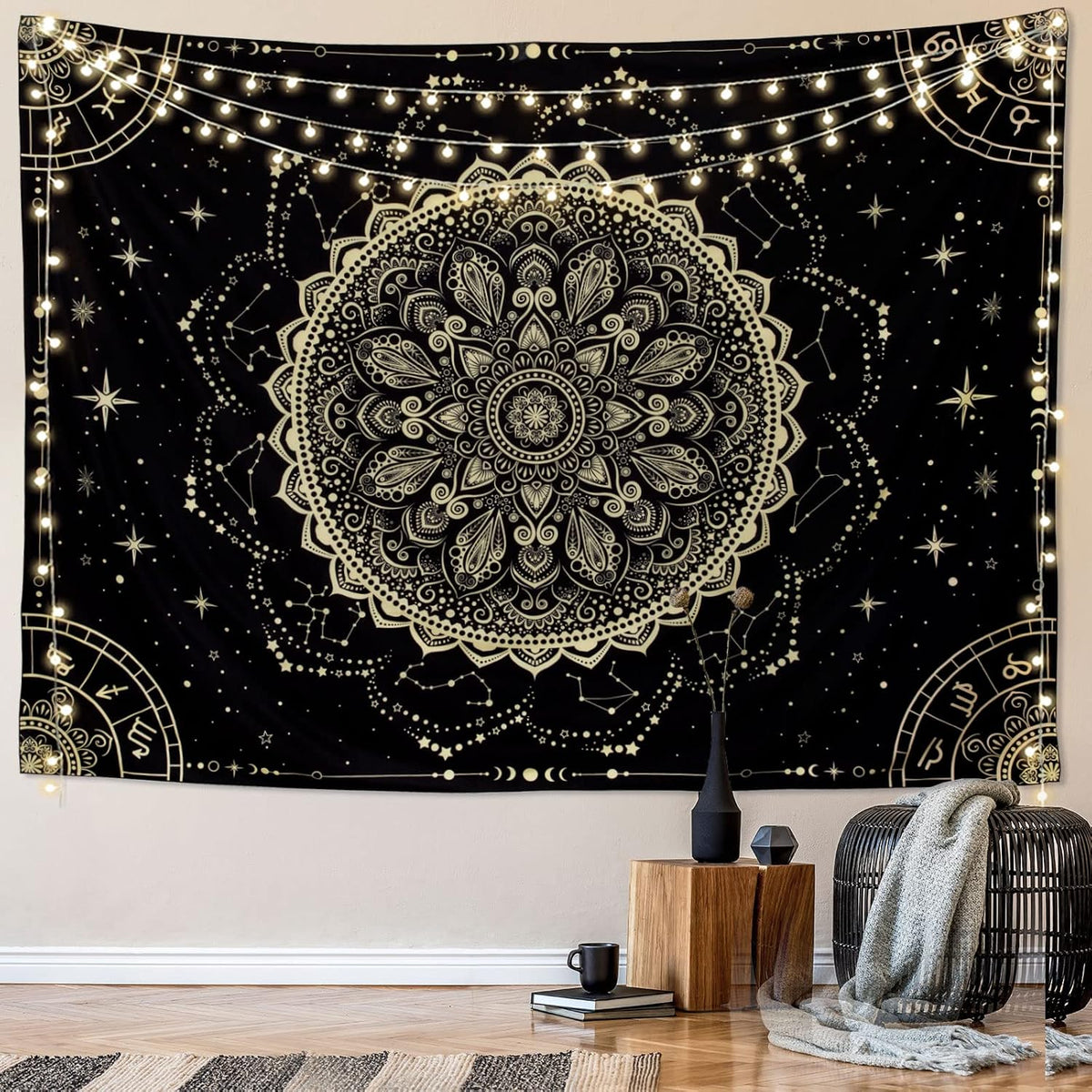 FLY SPRAY Black Golden Mandala Tapestry Astrology Space Wall Hanging Tapestries Wall tapestrys Large Aesthetic Hippie Decor Bohemian Art Boho Home Talestry for Bedroom,Living Room,Ceiling