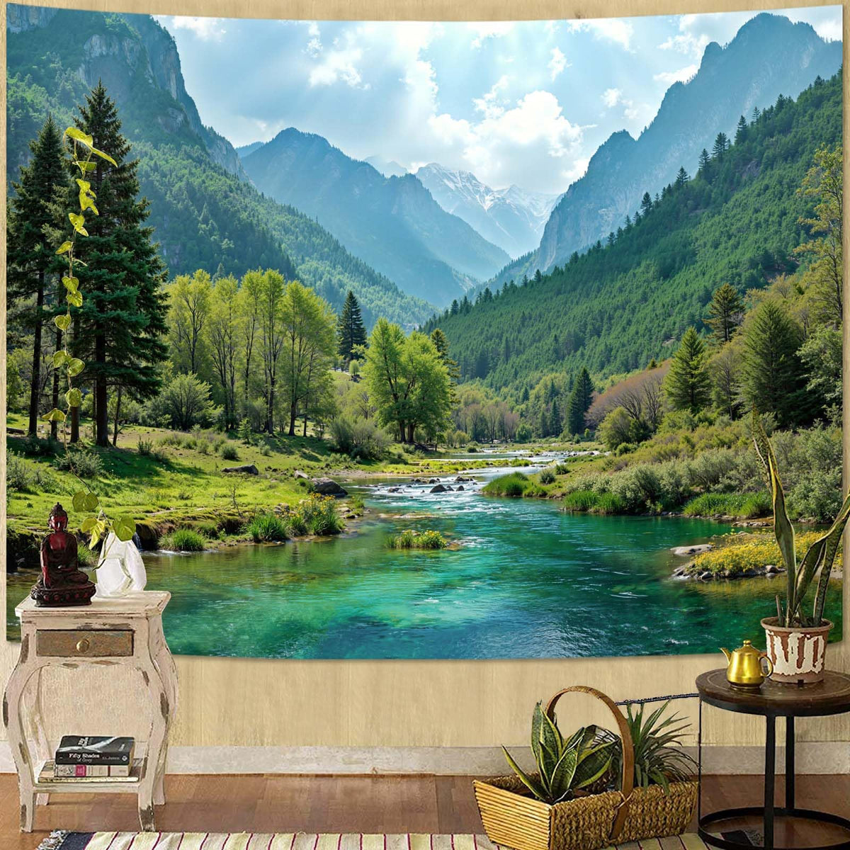 Zussun Nature Forest Tapestry Green Tree Wall Tapestry for Bedroom Aesthetic Plant Stream Pool Landscape Small Tapestries Wall Hanging for Dorm Living Room Decor 48 x 36 Inch
