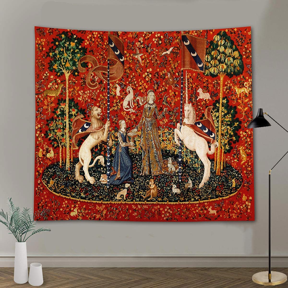 Medieval Tapestry Tapestry Royal Maiden and Unicorn Decor, Red 80x60 In