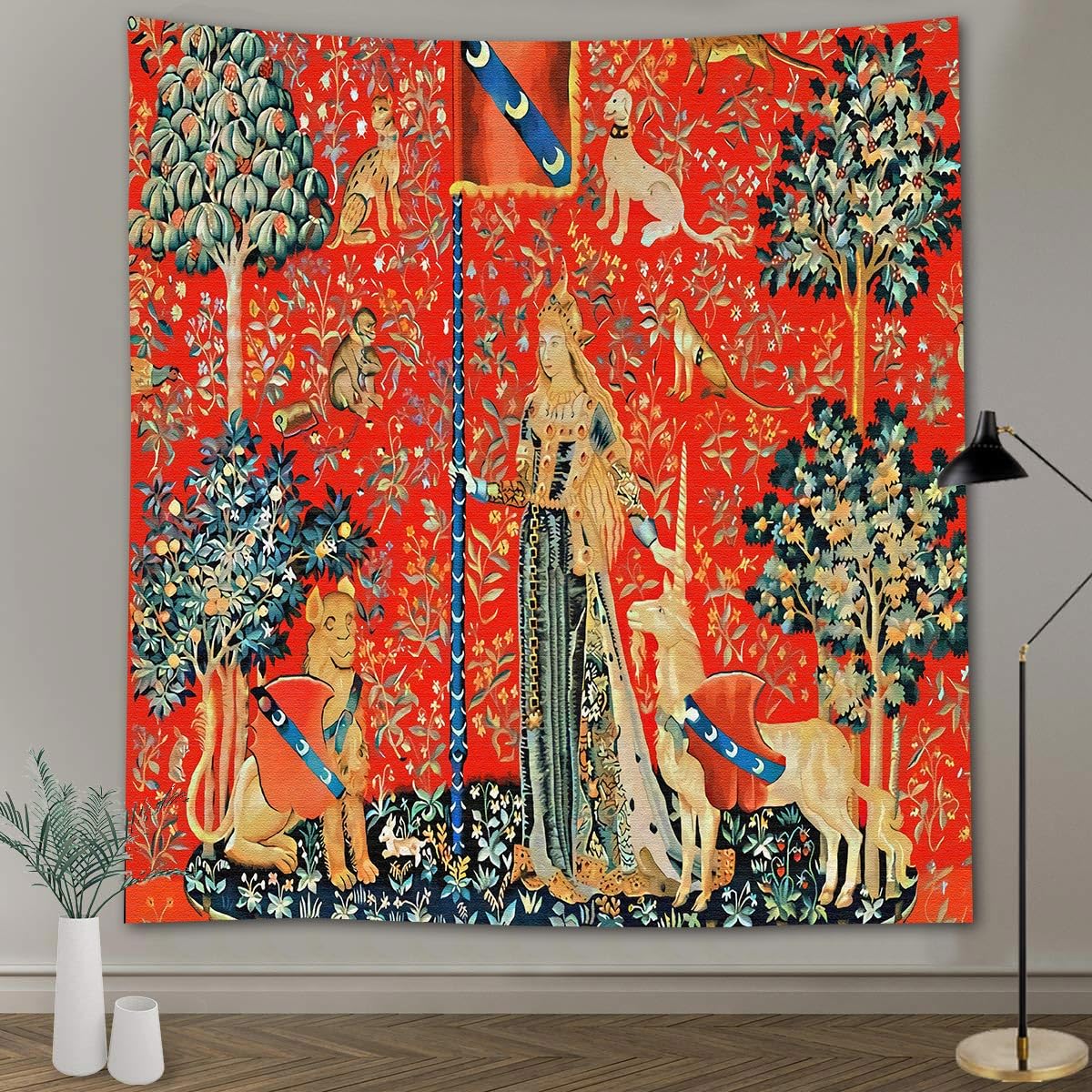 Medieval Tapestry Tapestry Royal Maiden and Unicorn Decor, Red 80x60 In