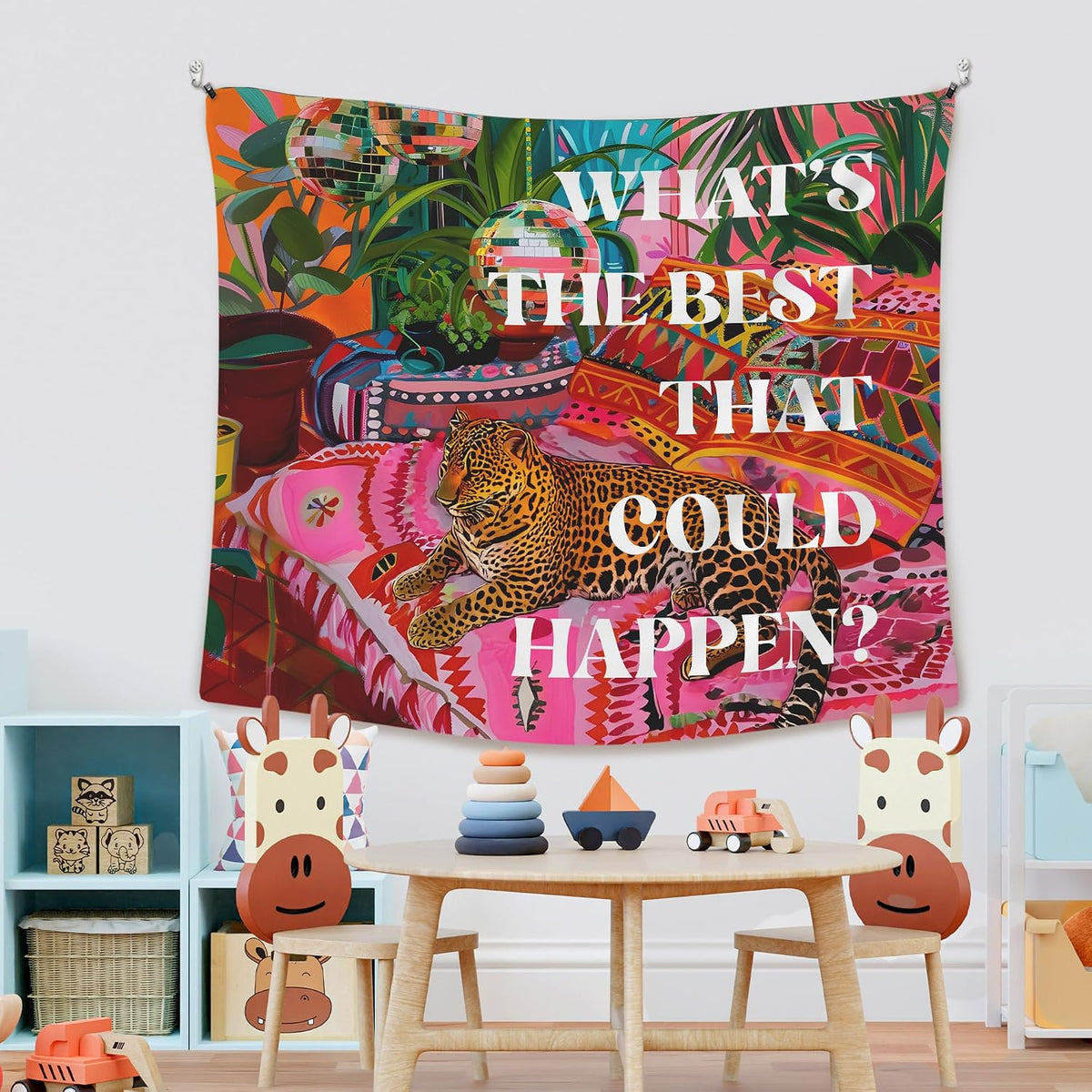 XLDLIOO Preppy Leopard Disco Classroom Tapestry, What's The Best That Could Happen, Retro Maximalist Tapestry Hanging for Girly Room Bedroom, Groovy Tapestries Wall Decor Art for Teen Girls Dorm 50x60in