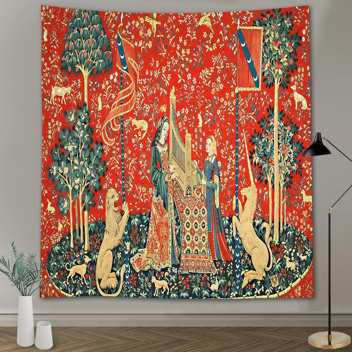 Medieval Tapestry Tapestry Royal Maiden and Unicorn Decor, Red 80x60 In