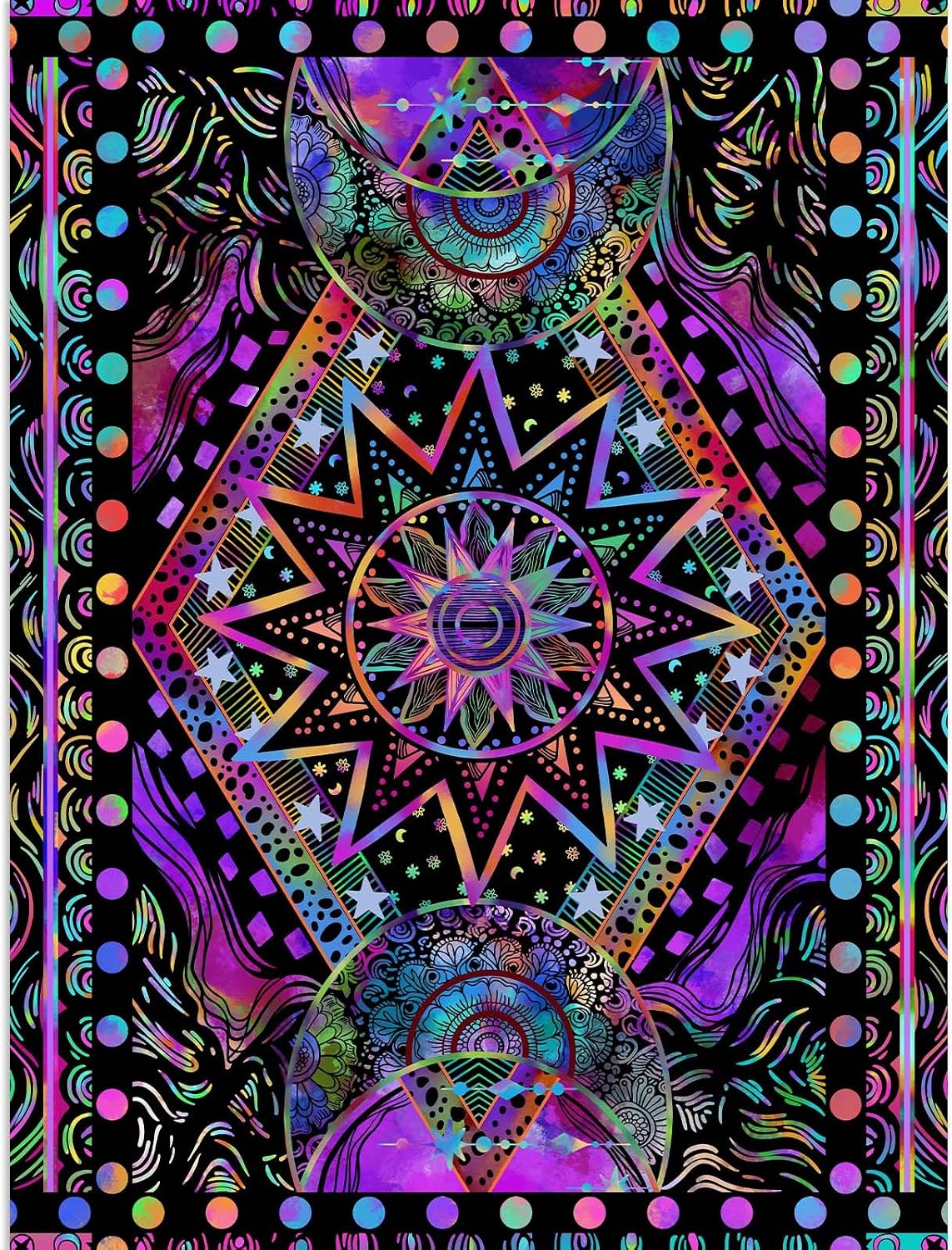 Blacklight Sun and Moon Tapestry Glow in The Dark Neon Hippie Bohemian Tapestries for Bedroom Aesthetic UV Reactive Purple Celestial Tie Dye Tapestry Wall Hanging for Living Room Dorm (40'' × 30'')