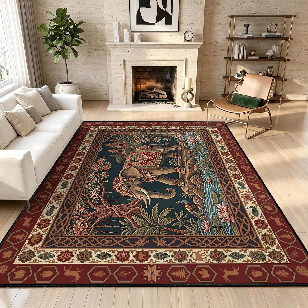 Indian Elephant Area Rug 3x5 Red Vintage Boho Tapestry Style Carpet