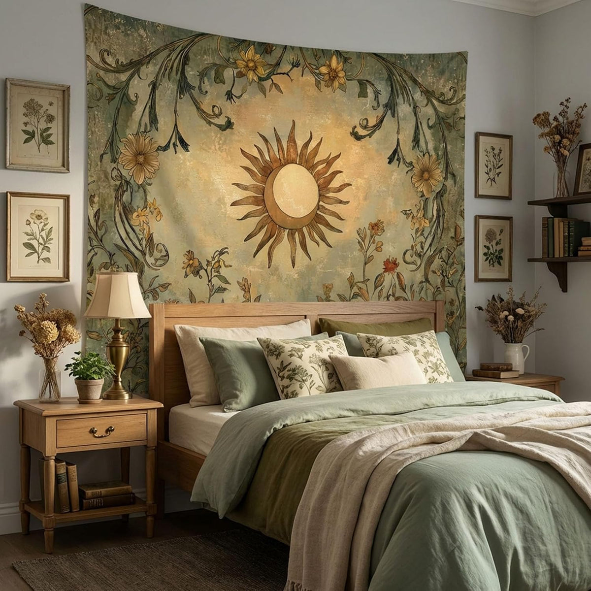 Lifeel Vintage Sun and Moon Tapestry, Boho Retro Green Plant Aesthetics Tapestries for Living Room Dorm, 36x48 inches