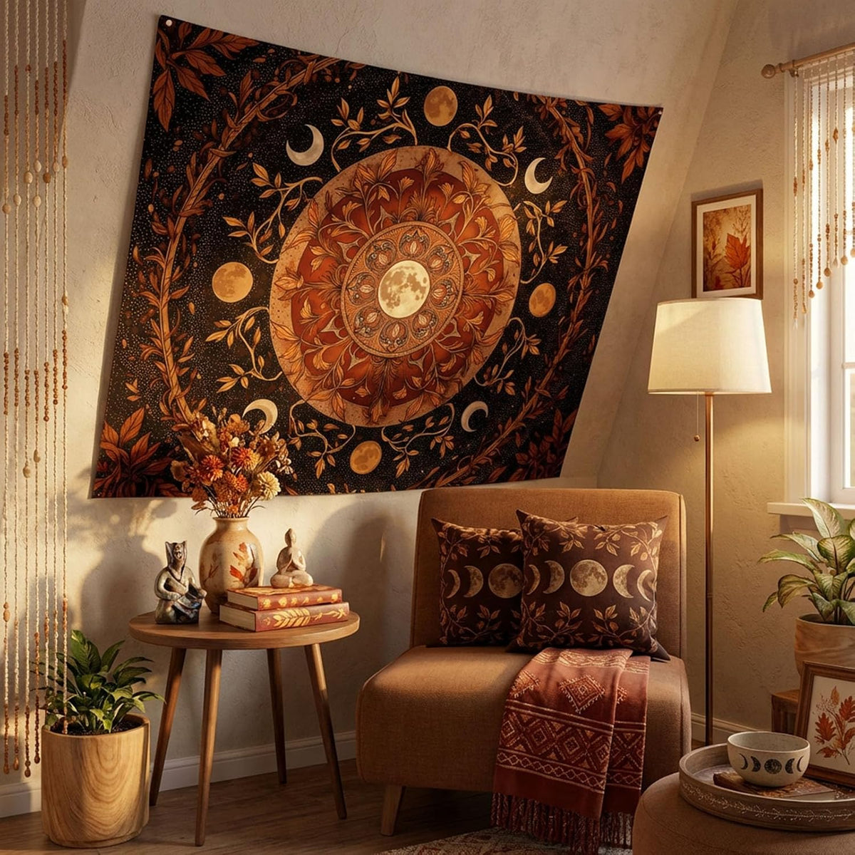 Spenlife Moon Phase Tapestry, Autumnal Mandala Tapestries for Bedroom, Boho Wall Decor, Botanical Tapestries (60" x 44")