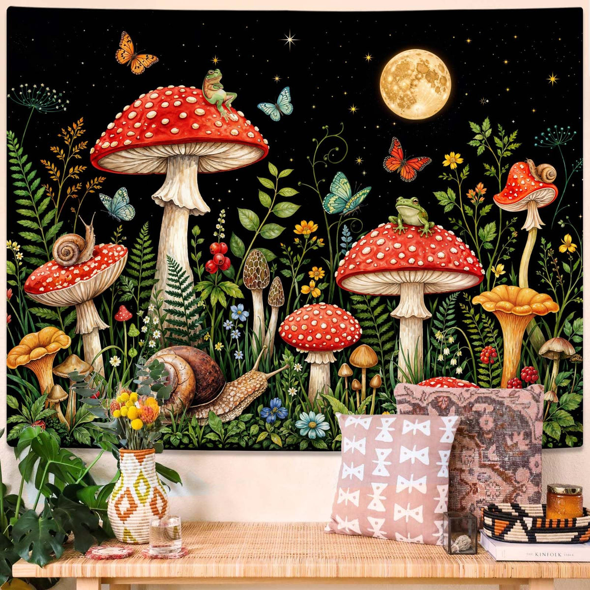 Rexful Celestial Moth Tapestry Wall Hanging Gothic Witchy Moon Phase Mushroom Flower Mystical Design Aesthetics Tapestries for Bedroom Living Room Home Decor