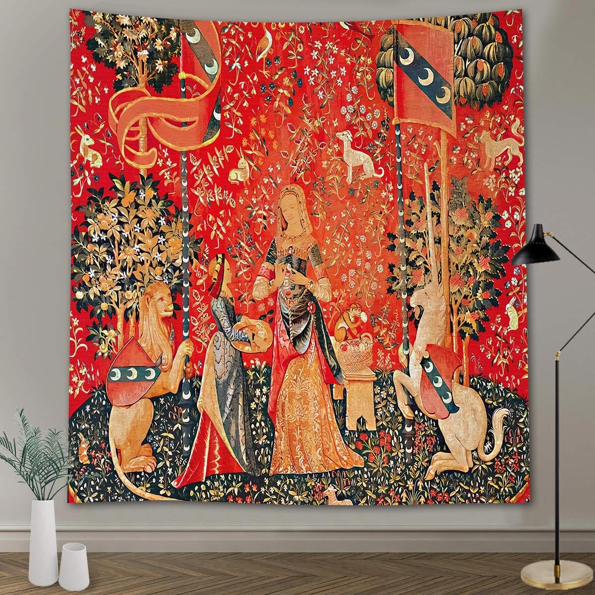Medieval Tapestry Tapestry Royal Maiden and Unicorn Decor, Red 80x60 In