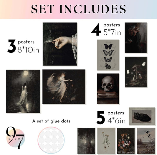 Dark Academia Wall Art Unframed, 12pcs Gothic Prints for Wall Decor