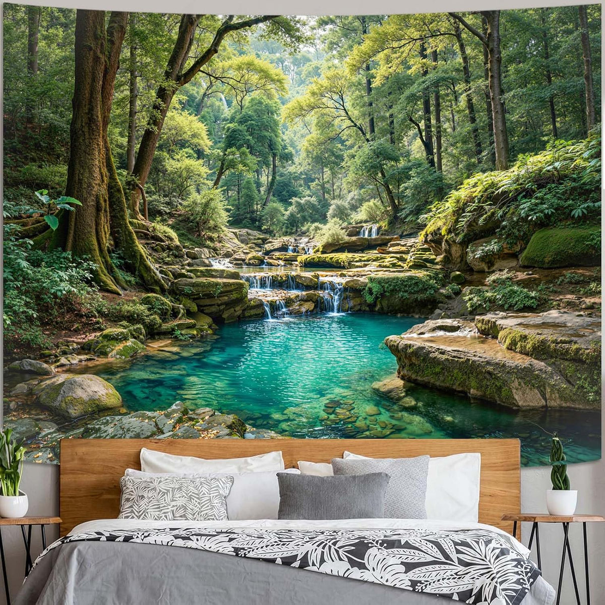 Zussun Nature Forest Tapestry Green Tree Wall Tapestry for Bedroom Aesthetic Plant Stream Pool Landscape Small Tapestries Wall Hanging for Dorm Living Room Decor 48 x 36 Inch