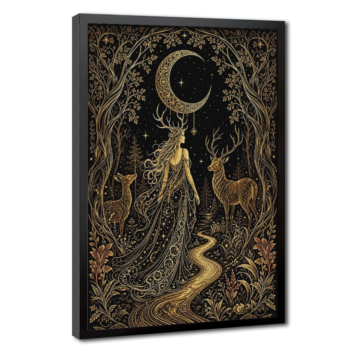 Tilvst Golden Moon Goddess Deer Forest Art Tapestry Canvas Poster