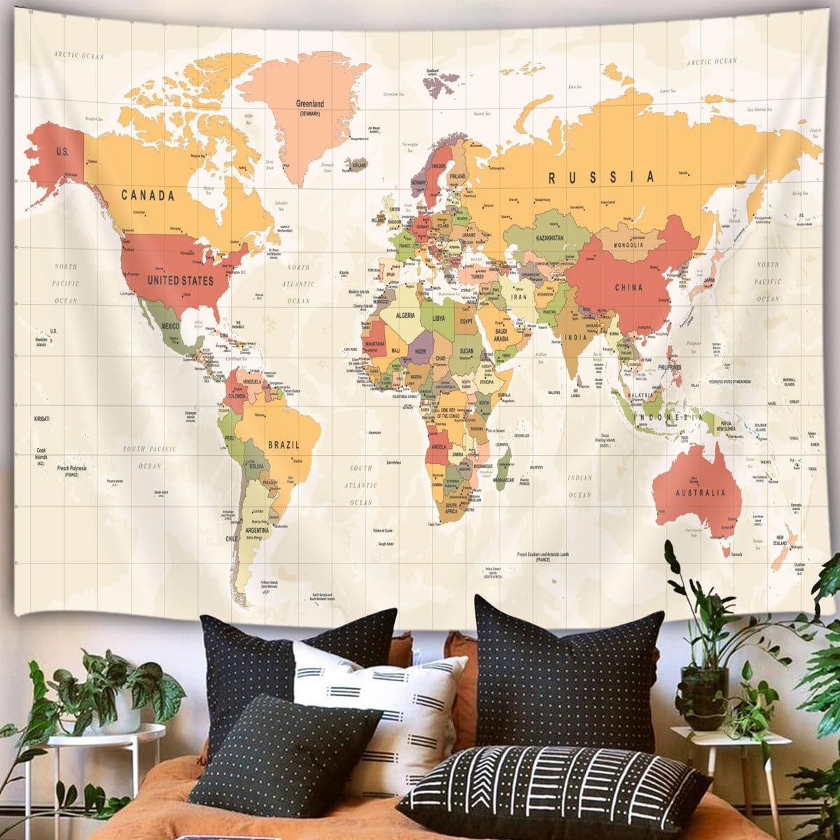JAWO World Map Tapestry, Map of the World with Countries and Major Cities Wall Tapestries for Kids Student, World Map of the World Tapestry 60X40 Inch(Yellow)