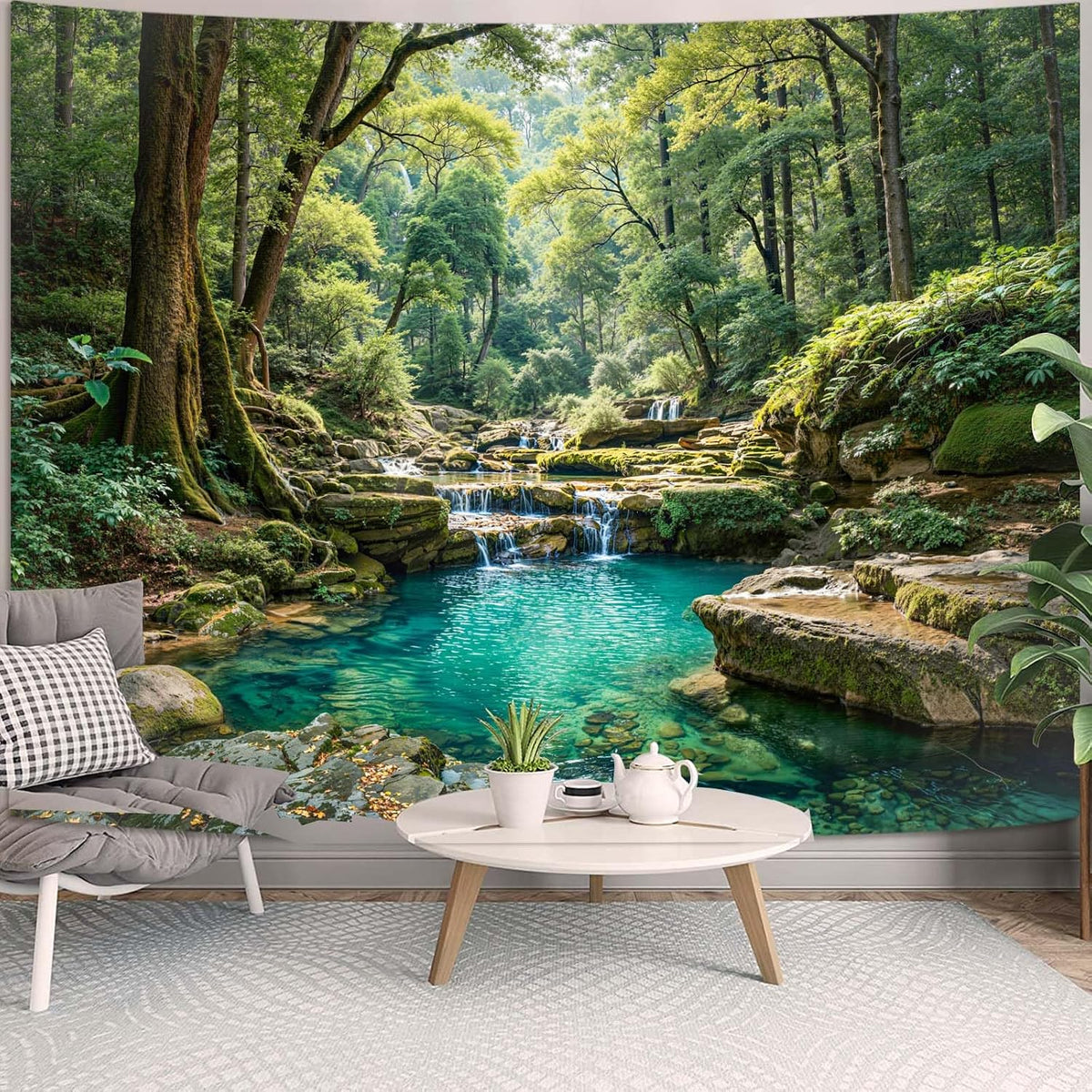 Zussun Nature Forest Tapestry Green Tree Wall Tapestry for Bedroom Aesthetic Plant Stream Pool Landscape Small Tapestries Wall Hanging for Dorm Living Room Decor 48 x 36 Inch