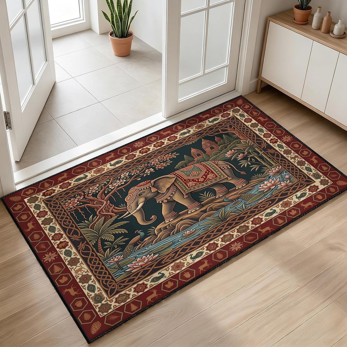 Indian Elephant Area Rug 3x5 Red Vintage Boho Tapestry Style Carpet
