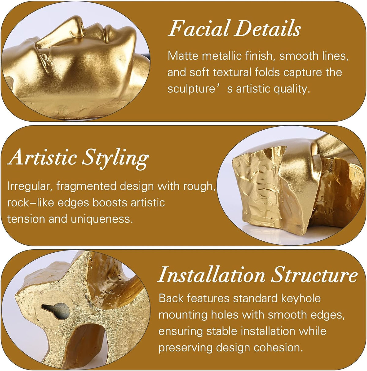 Face Wall Sculptures Set of 3, Modern 3D Abstract Wall Art, Black and Gold