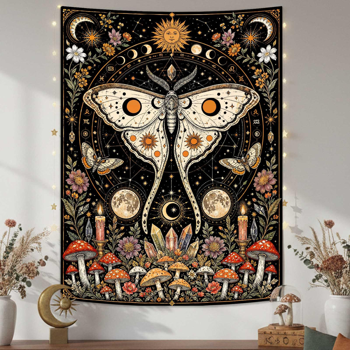Rexful Celestial Moth Tapestry Wall Hanging Gothic Witchy Moon Phase Mushroom Flower Mystical Design Aesthetics Tapestries for Bedroom Living Room Home Decor