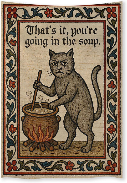 FoxUncle Weird Medieval Cat Tapestry Vintage Medieval Cat Aesthetic Wall Art Funny Quirky Animal Wall Decor 40 x 60 inches Home Decor for Living Room Hallway Bedroom