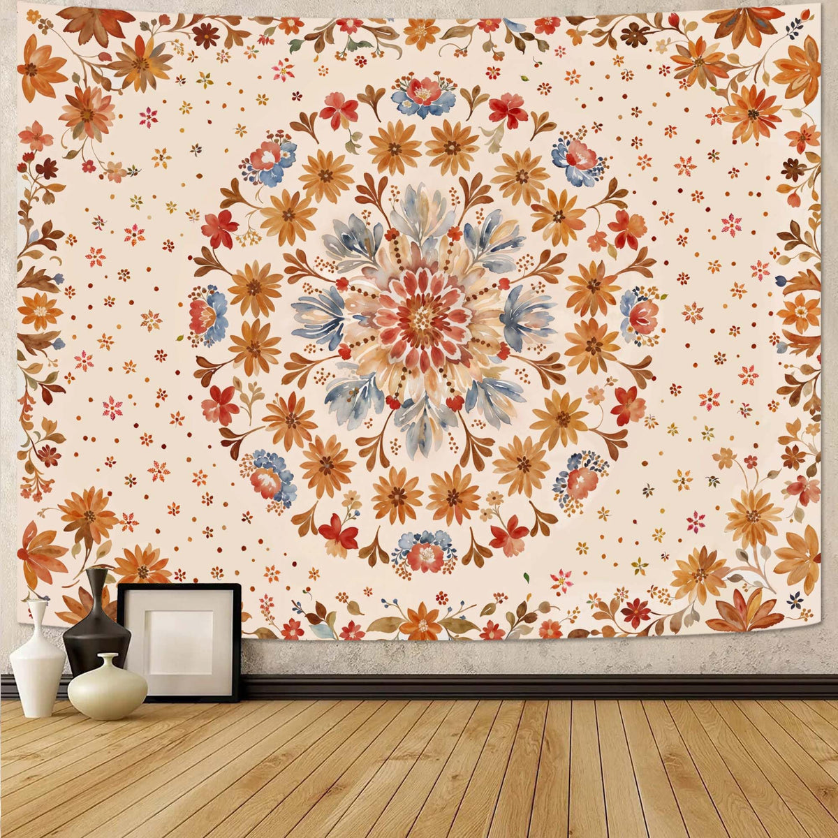 Fowocu Boho Floral Mandala Tapestry Wall Hanging Bohemian Flower Medallion Tapestry Aesthetic Beige Brown Hippie Indian Small Tapestries for Bedroom Living Room Dorm Decor 40 x 30 Inch