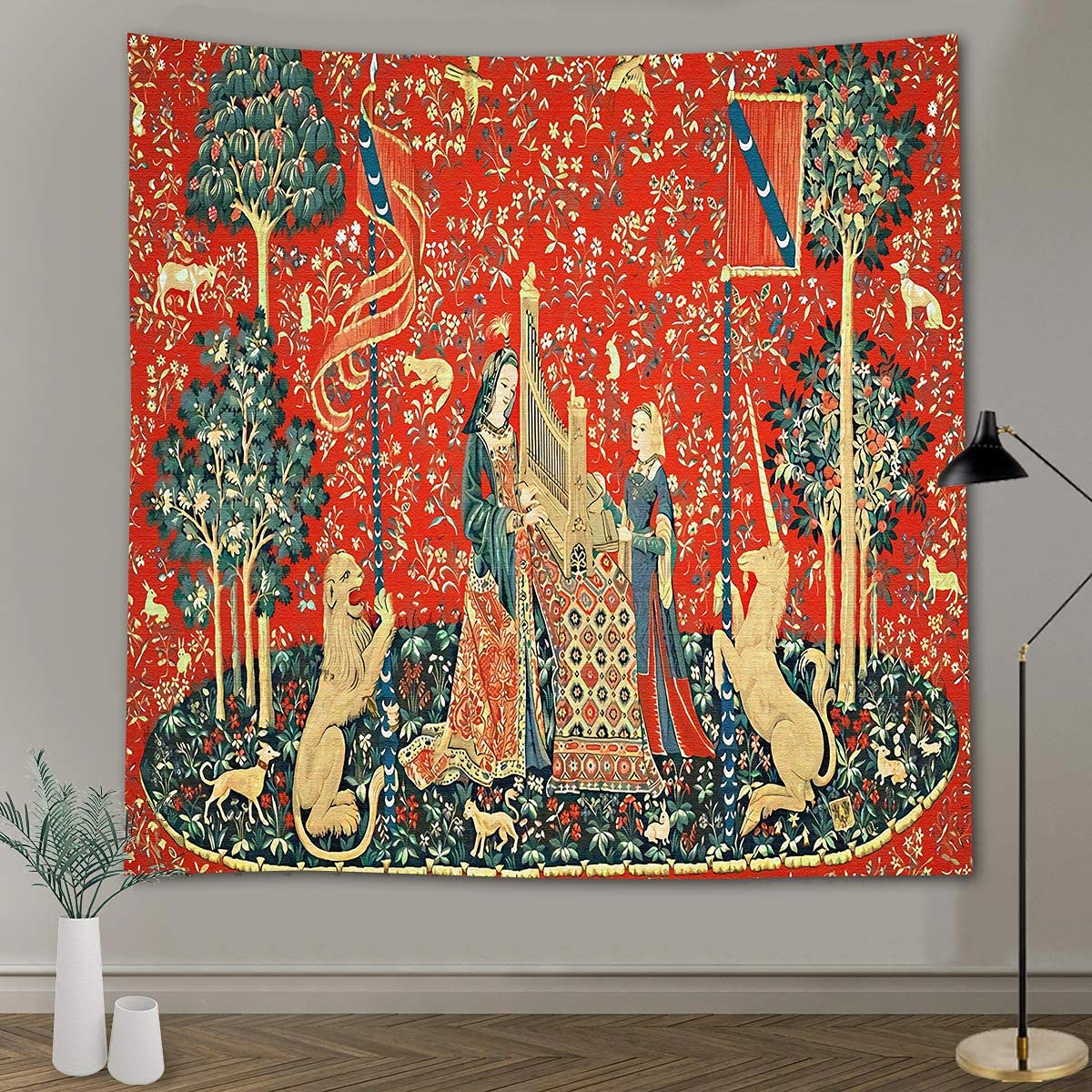 Medieval Tapestry Tapestry Royal Maiden and Unicorn Decor, Red 80x60 In