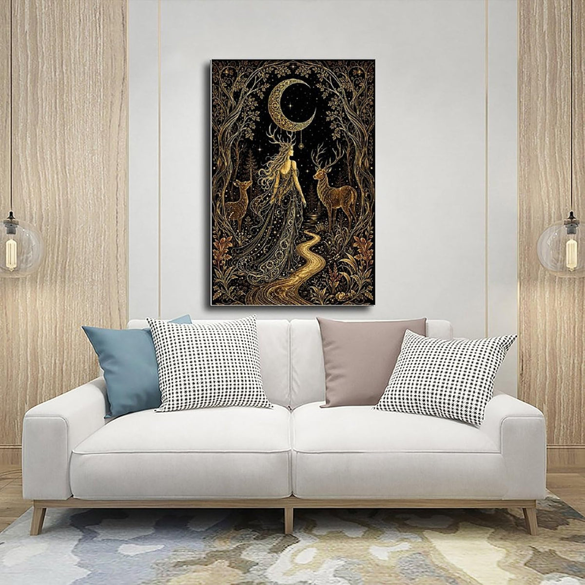 Tilvst Golden Moon Goddess Deer Forest Art Tapestry Canvas Poster