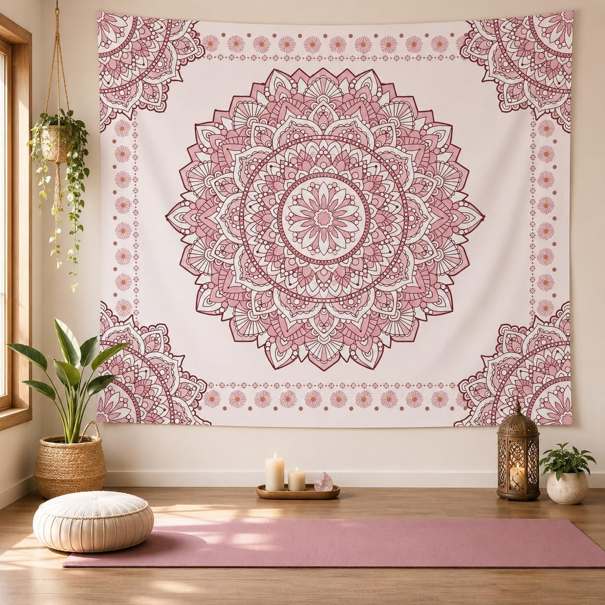 Pink Mandala Tapestry for Bedroom Aesthetic, Boho Art Large Wall Hanging