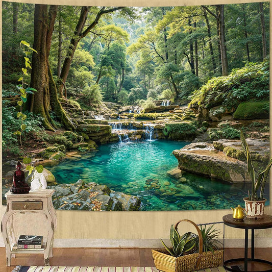 Zussun Nature Forest Tapestry Green Tree Wall Tapestry for Bedroom Aesthetic Plant Stream Pool Landscape Small Tapestries Wall Hanging for Dorm Living Room Decor 48 x 36 Inch