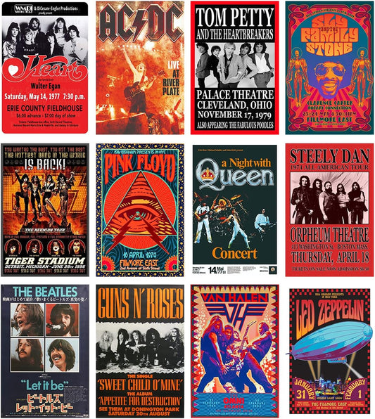Woonkit Vintage Rock Band Posters for Room Aesthetic, 70s 80s 90s Retro Music Room Wall Bedroom Decor Art, Vintage Rock Concert Poster Wall Collage, Old Music Album Cover Prints (12 SET B, 7.8X11.8 INCH)