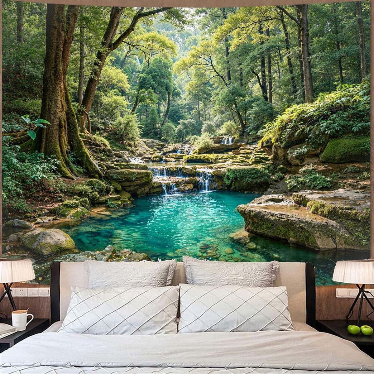 Zussun Nature Forest Tapestry Green Tree Wall Tapestry for Bedroom Aesthetic Plant Stream Pool Landscape Small Tapestries Wall Hanging for Dorm Living Room Decor 48 x 36 Inch