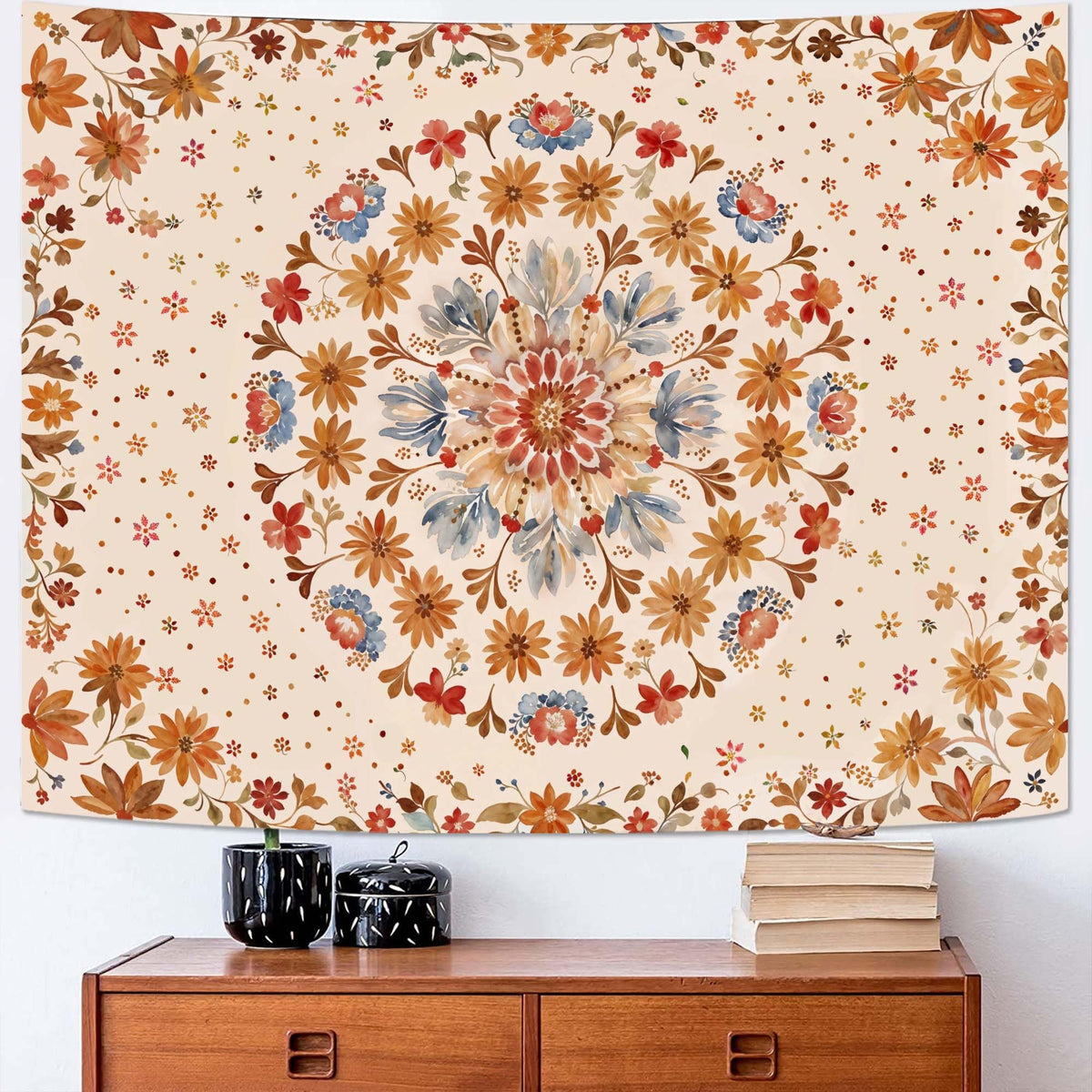 Fowocu Boho Floral Mandala Tapestry Wall Hanging Bohemian Flower Medallion Tapestry Aesthetic Beige Brown Hippie Indian Small Tapestries for Bedroom Living Room Dorm Decor 40 x 30 Inch