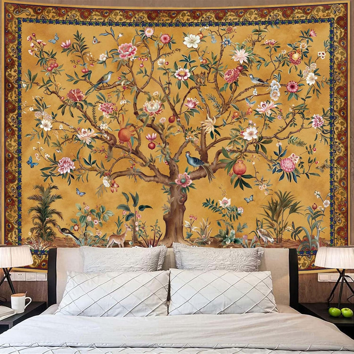 Faxdong Boho Tree of LIfe Tapestry, Vintage Flower Leaves Birds Plant Animal Pattern Tapestries, Retro Indian Bohemian Aesthetic Wall Hanging Orange Yellow 36×48 inch