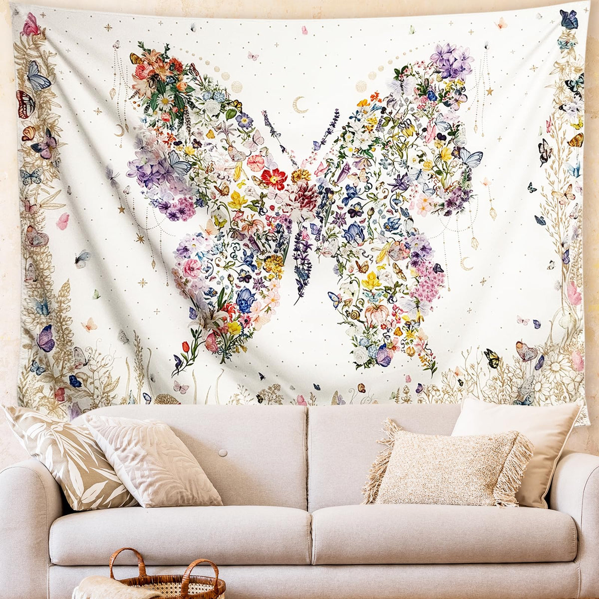 Damanse Floral Tapestry Wall Hanging Cute,Boho Wall Tapestry for Bedroom Aesthetic,Mandala Living Room Decor for Teen Girls (Flaxen, 34.80" x 47.20")