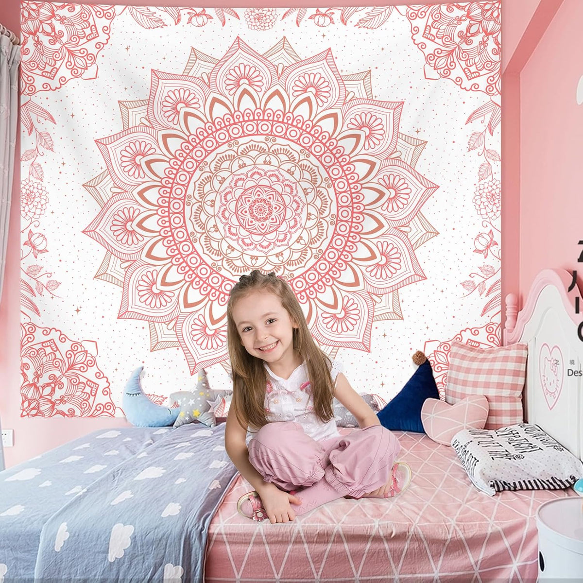 Apdidl Pink Boho Wall Tapestry for Bedroom,Mandala Bohemian Tapestries Girl