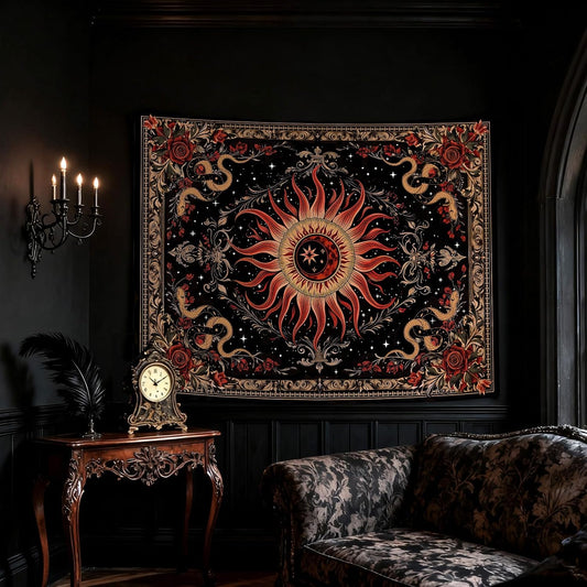 Neasow Gothic Sun Tapestry, Vintage Snake Rose Floral Wall Art, Mystic Black Red Retro Decor for Living Room Bedroom Home, 36x48 inches