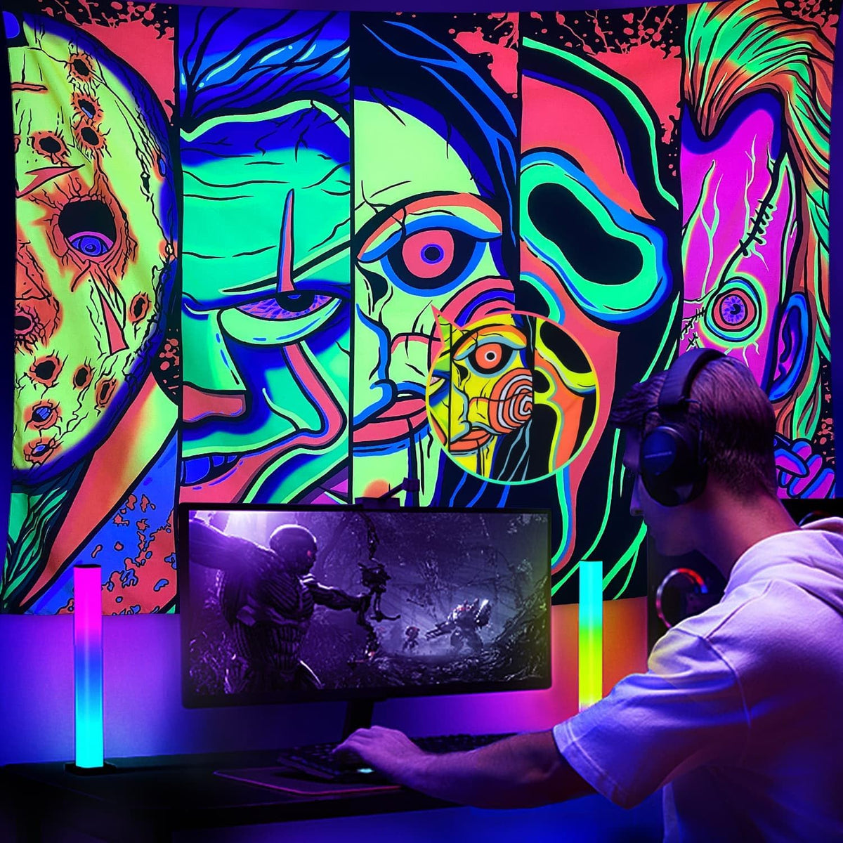 ARTCREATOR Black Light Art Halloween Wall Decor Trippy Blacklight Horror Face Tapestry, UV Reactive Tapestries Glow in The Dark Party Tapestry for Bedroom, Living Room (29" x 37")