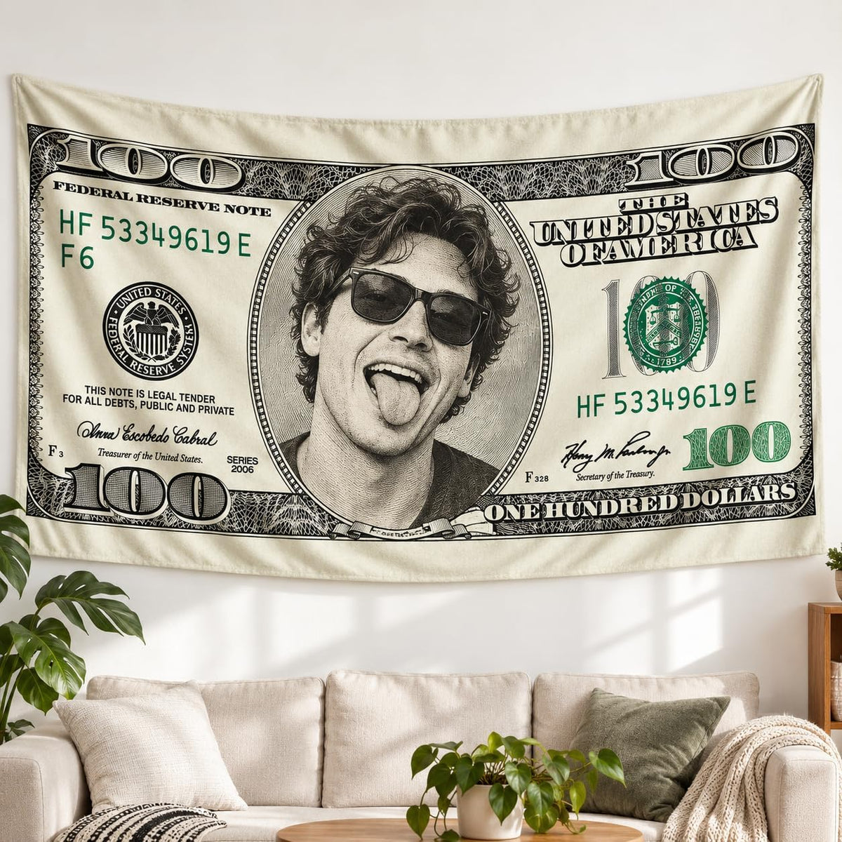 Custom Photo Tapestry, Personalized Funny 100 Dollar Bill Inspired Wall Hanging, Upload Your Face Picture, Novelty Money Style Room Decor, Custom Gift for Men Women Friends Family Birthday Party