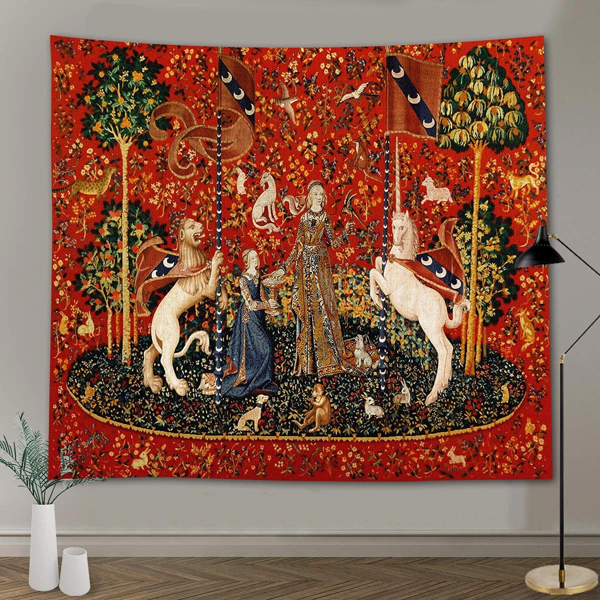 Medieval Tapestry Tapestry Royal Maiden and Unicorn Decor, Red 80x60 In