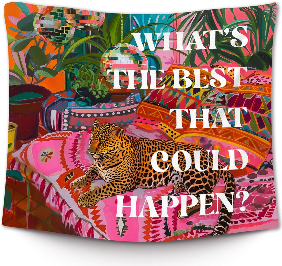 XLDLIOO Preppy Leopard Disco Classroom Tapestry, What's The Best That Could Happen, Retro Maximalist Tapestry Hanging for Girly Room Bedroom, Groovy Tapestries Wall Decor Art for Teen Girls Dorm 50x60in