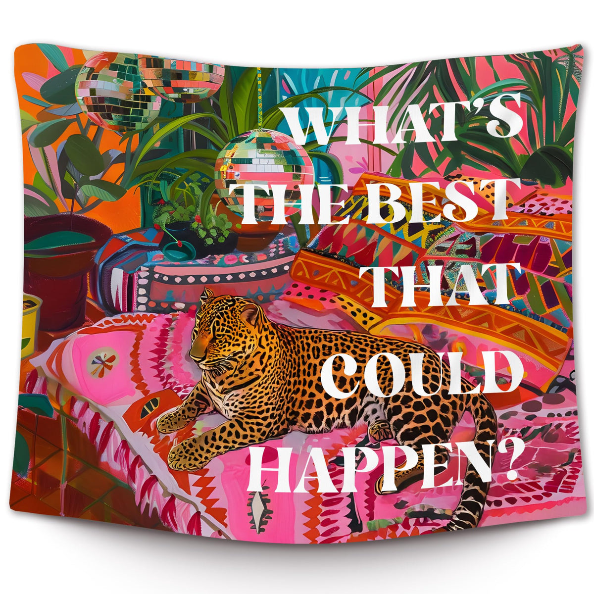 XLDLIOO Preppy Leopard Disco Classroom Tapestry, What's The Best That Could Happen, Retro Maximalist Tapestry Hanging for Girly Room Bedroom, Groovy Tapestries Wall Decor Art for Teen Girls Dorm 50x60in