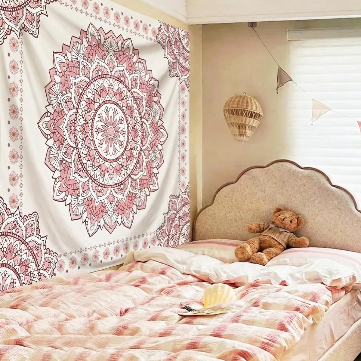 Pink Mandala Tapestry for Bedroom Aesthetic, Boho Art Large Wall Hanging
