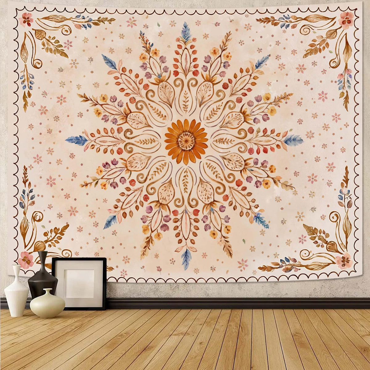 Fowocu Boho Floral Mandala Tapestry Wall Hanging Bohemian Flower Medallion Tapestry Aesthetic Beige Brown Hippie Indian Small Tapestries for Bedroom Living Room Dorm Decor 40 x 30 Inch