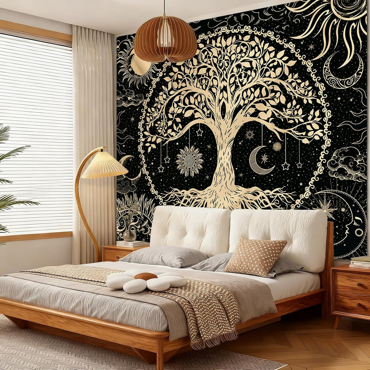 Avinyl Tree of Life Tapestry Wall Hanging, Large Black Sun Moon Tapestries