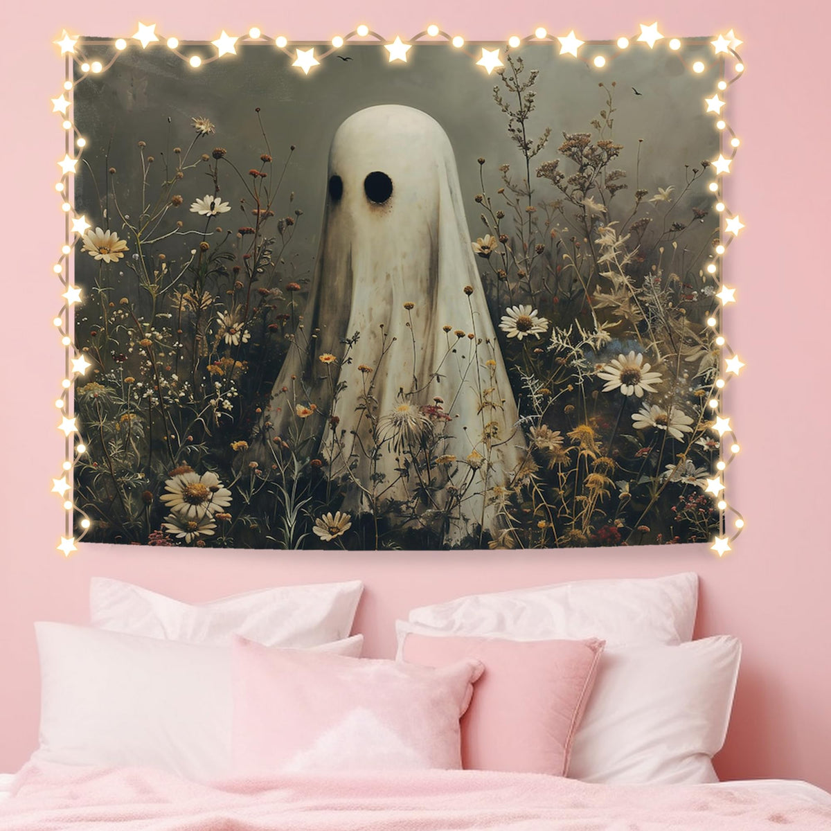 NATSUNO Halloween Tapestry, Halloween Spooky Ghost Wall Tapestry for Bedroom, Whimsical Enchanted Forest Flower Ghost Tapestries Wall Hanging for Home Living Room Decor, 50x60 Inches