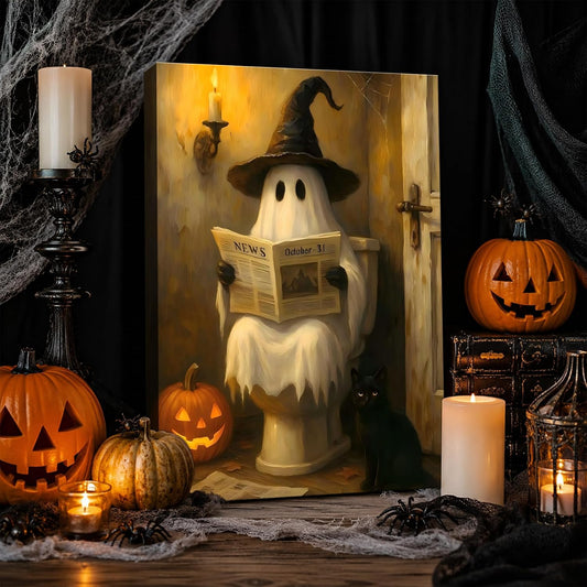 Framed Halloween Ghost Bathroom Canvas Wall Art 8x12 In, Funny Spooky Toilet Scene Canvas Prints Artwork, Dark Halloween Wall Decor Pictures for Office Home Decoration