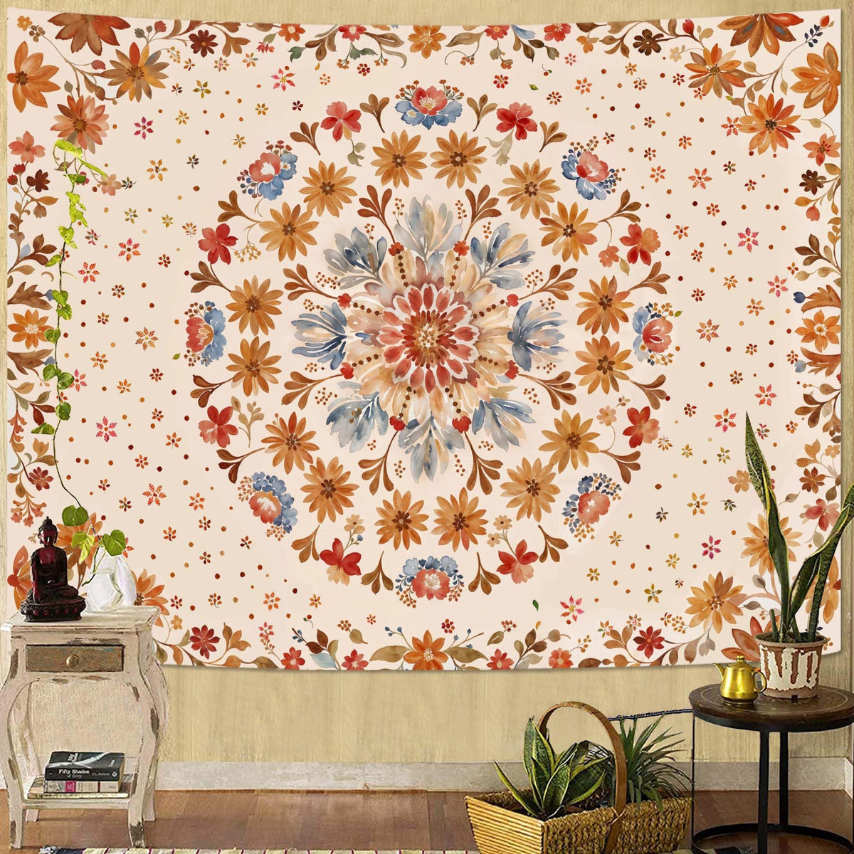 Fowocu Boho Floral Mandala Tapestry Wall Hanging Bohemian Flower Medallion Tapestry Aesthetic Beige Brown Hippie Indian Small Tapestries for Bedroom Living Room Dorm Decor 40 x 30 Inch