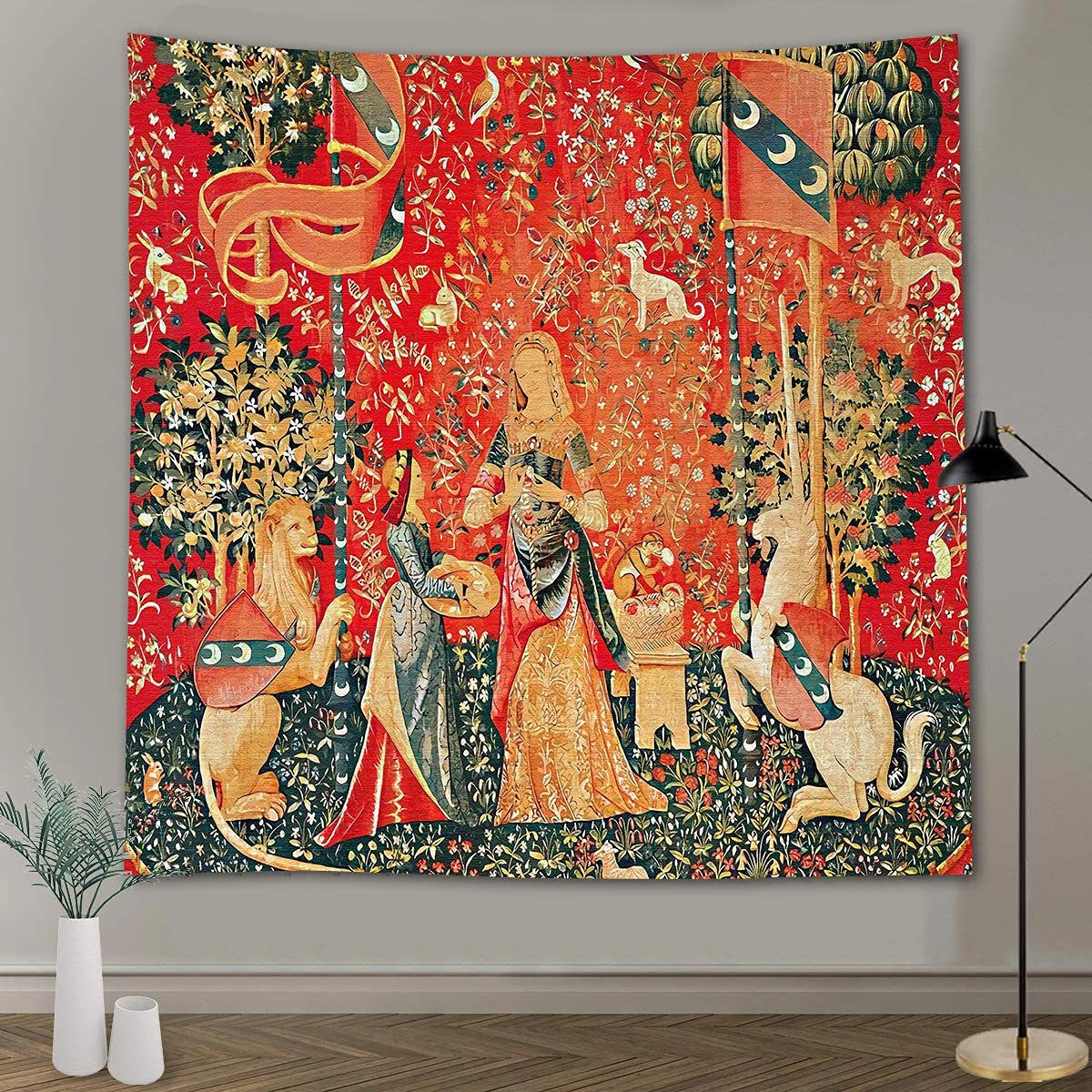 Medieval Tapestry Tapestry Royal Maiden and Unicorn Decor, Red 80x60 In
