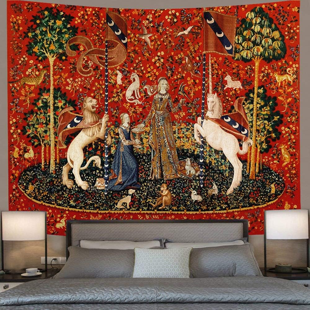Medieval Tapestry Tapestry Royal Maiden and Unicorn Decor, Red 80x60 In