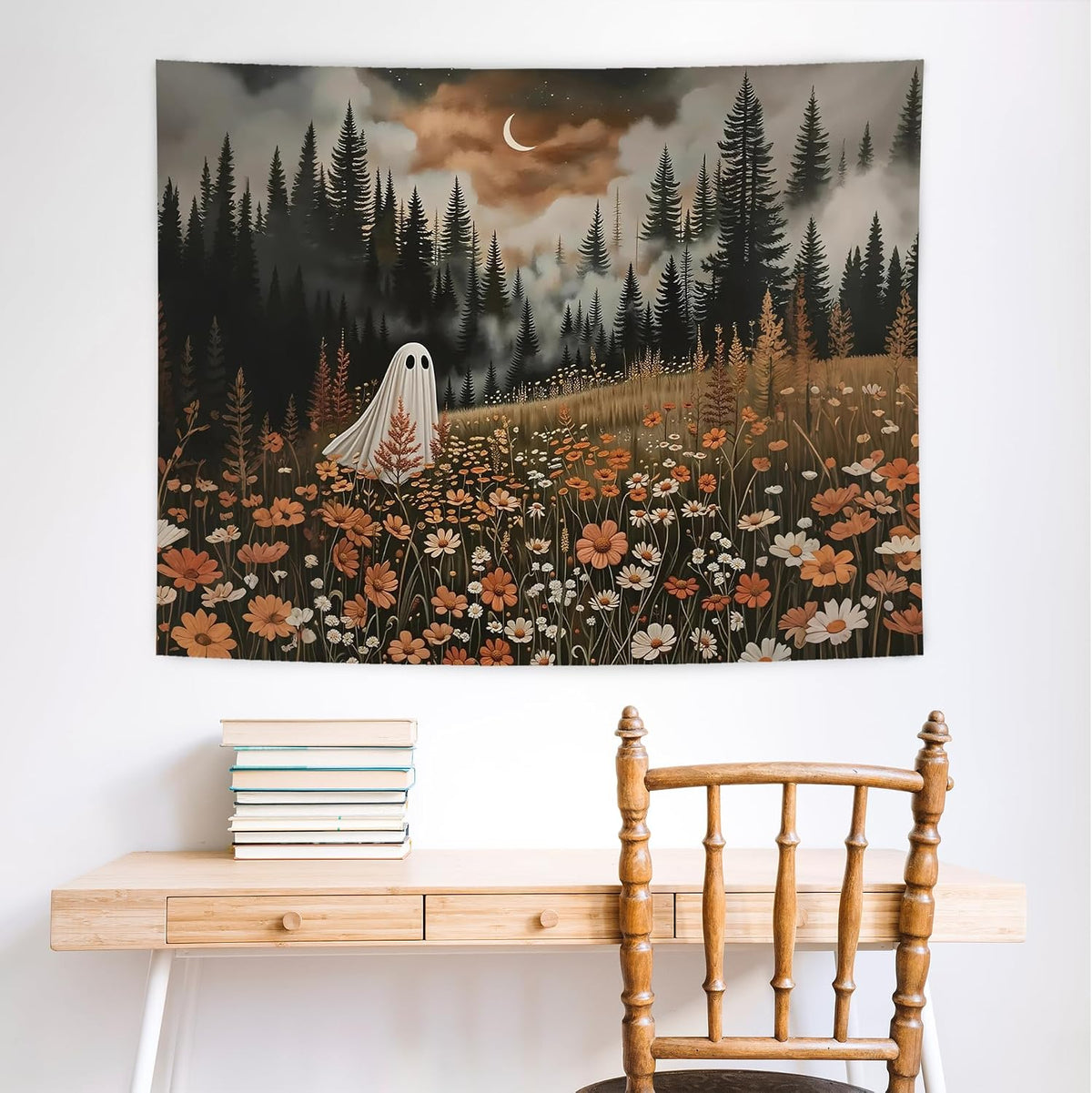 NATSUNO Halloween Tapestry, Halloween Spooky Ghost Wall Tapestry for Bedroom, Whimsical Enchanted Forest Flower Ghost Tapestries Wall Hanging for Home Living Room Decor, 50x60 Inches